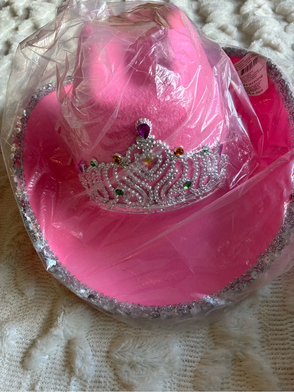 Pink Princess Cowboy Party Hat with Rhinestone Tiara - Party Accessory